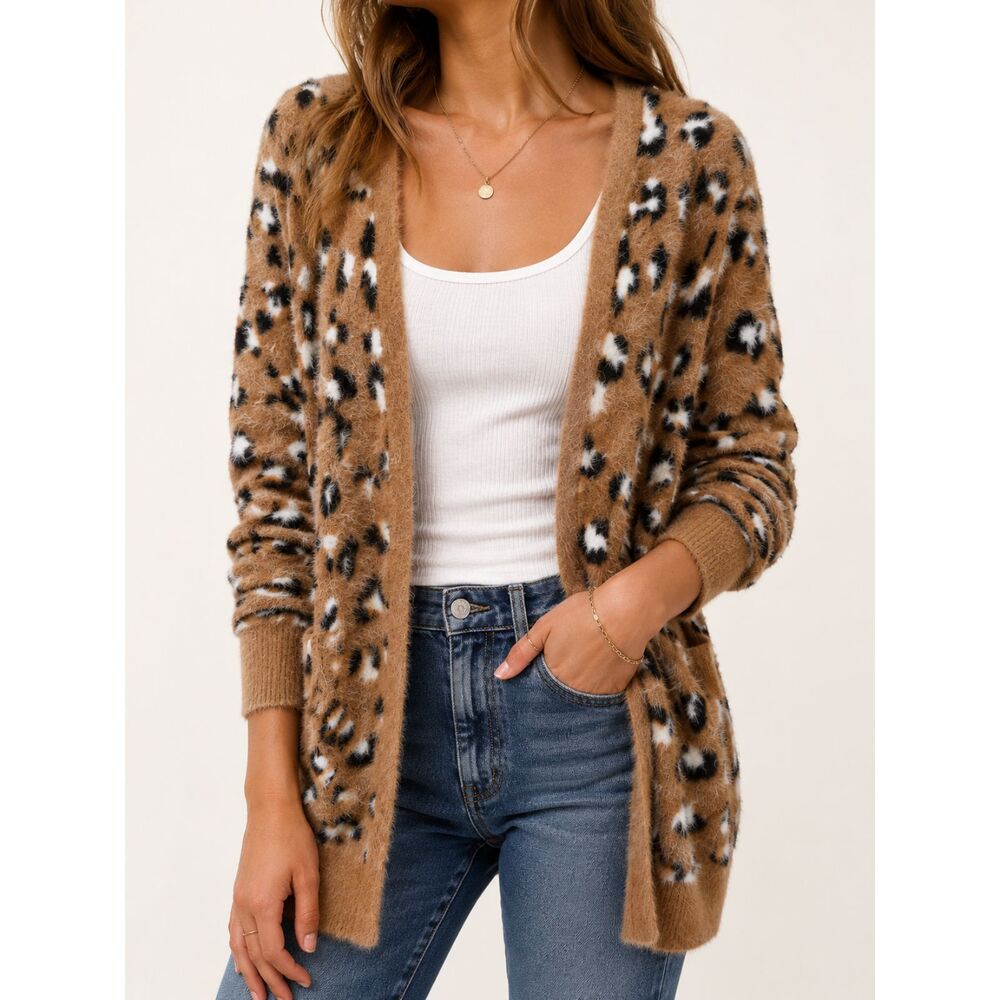 One Eleven North Leopard Print Fuzzy Cardigan Sweater Duster Open Front M